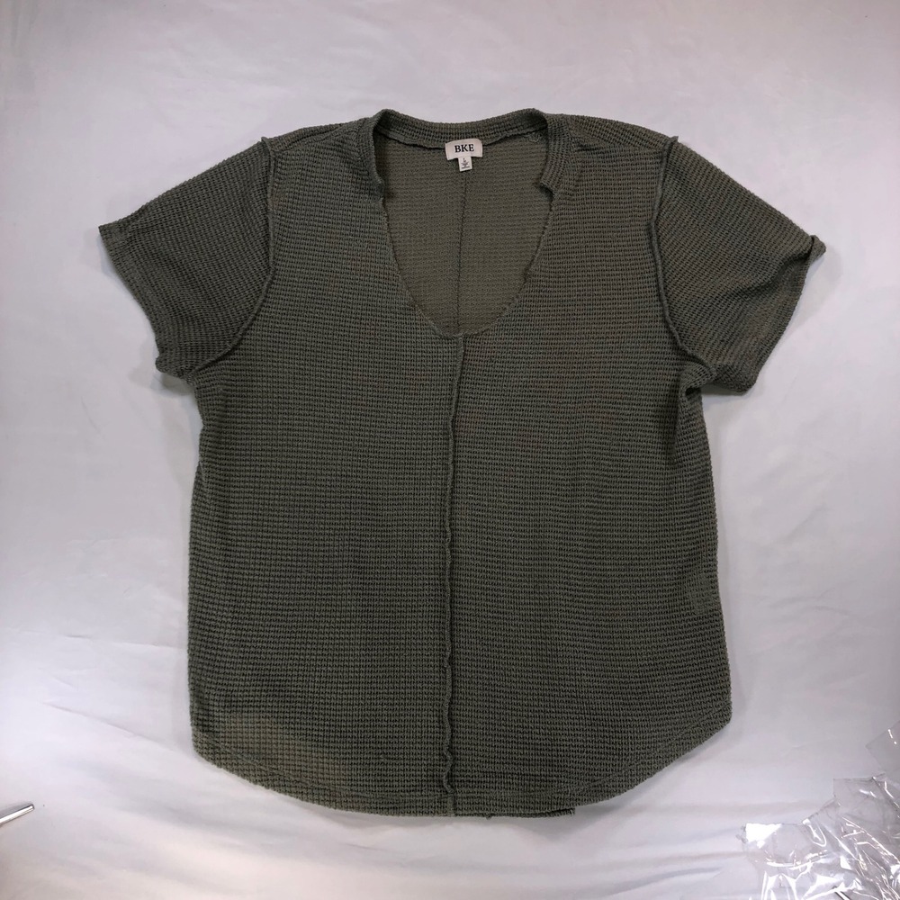 BKE Womens Olive Green Waffle Knit V-Neck Short Sleeve Top Size L